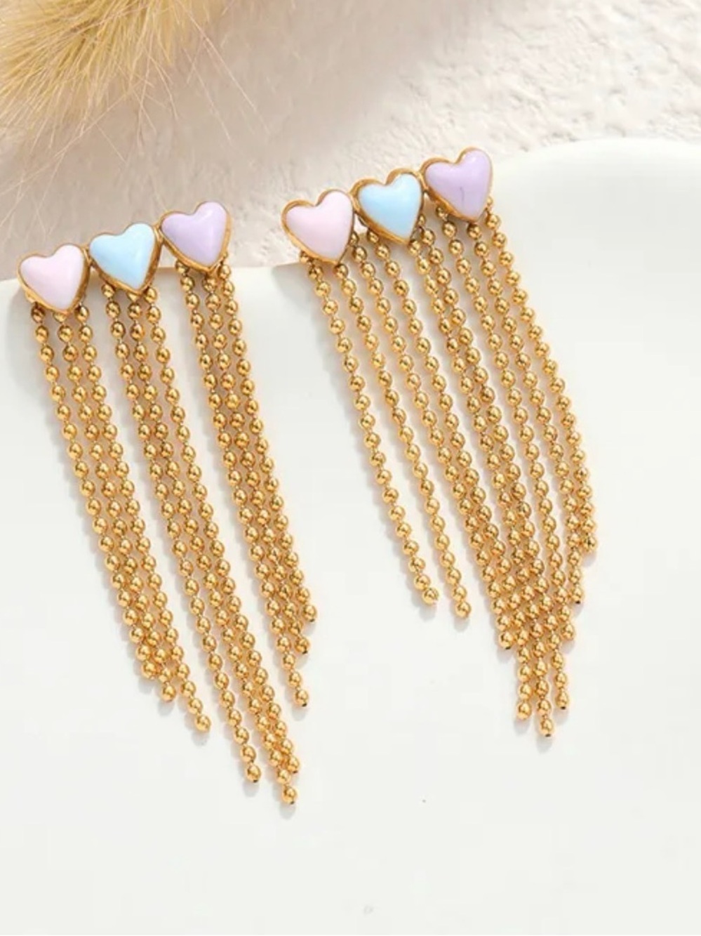 Heart Tassel Drop Earrings - Pastel Pink & Blue Gold Tone